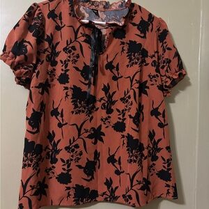 SHEIN Black Floral on Brown Blouse